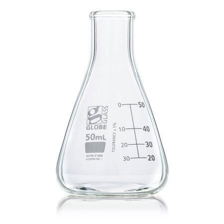 GLOBE SCIENTIFIC Flask, Erlenmeyer, Globe Glass, 50mL, Narrow Mouth, Dual Graduations, ASTM E1404, 12/Box 8400050